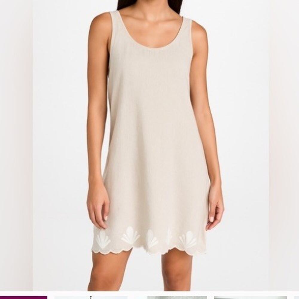 Calypso St Barth‎ Linen Blend Dress Sz L New Beige Pocket Scalloped Embroidered